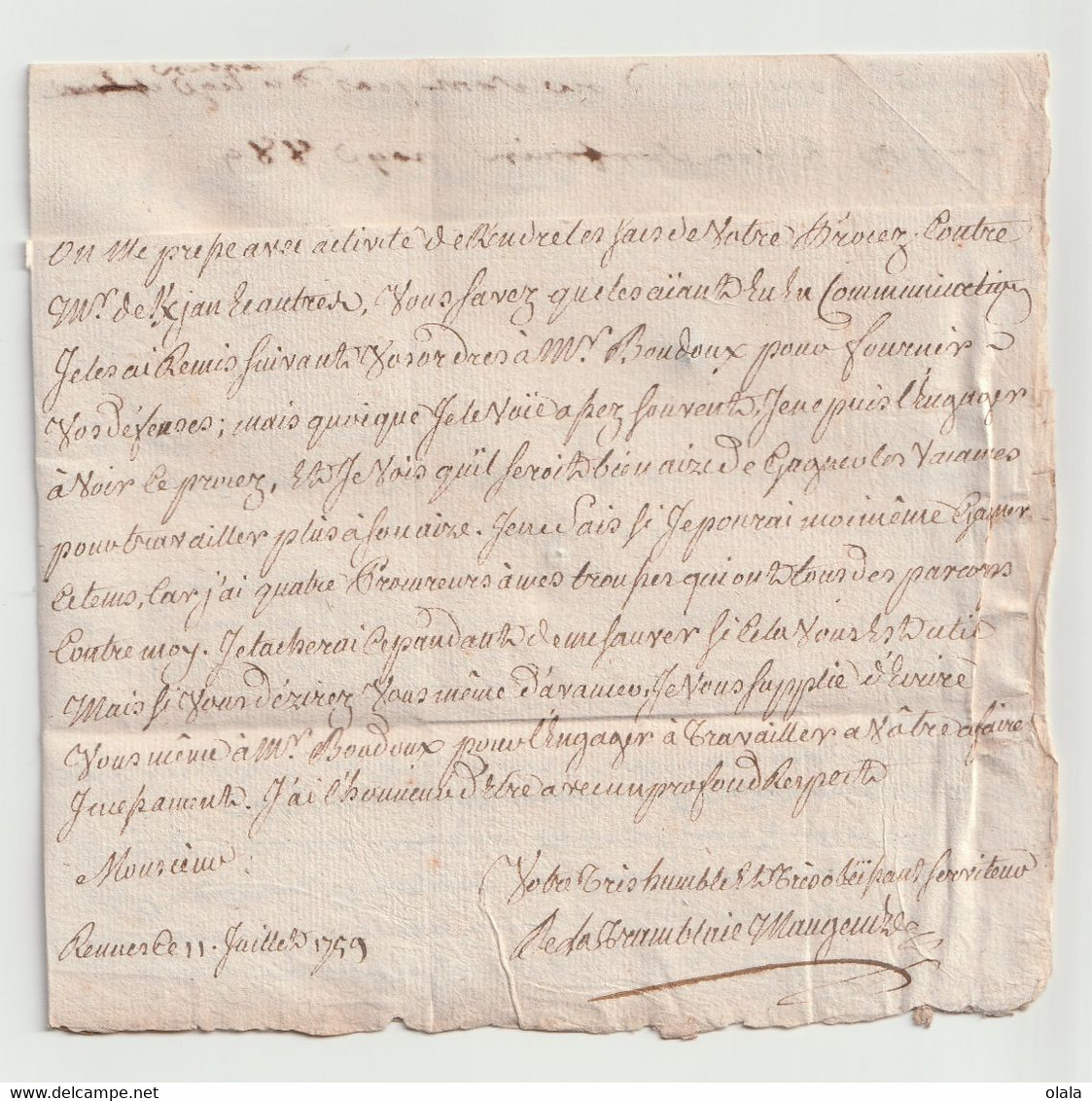 Lettre De Rennes à Guingamp Monsieur Le Comte De Lagadec Datée 11juillet 1759                        L1 - 1701-1800: Precursori XVIII