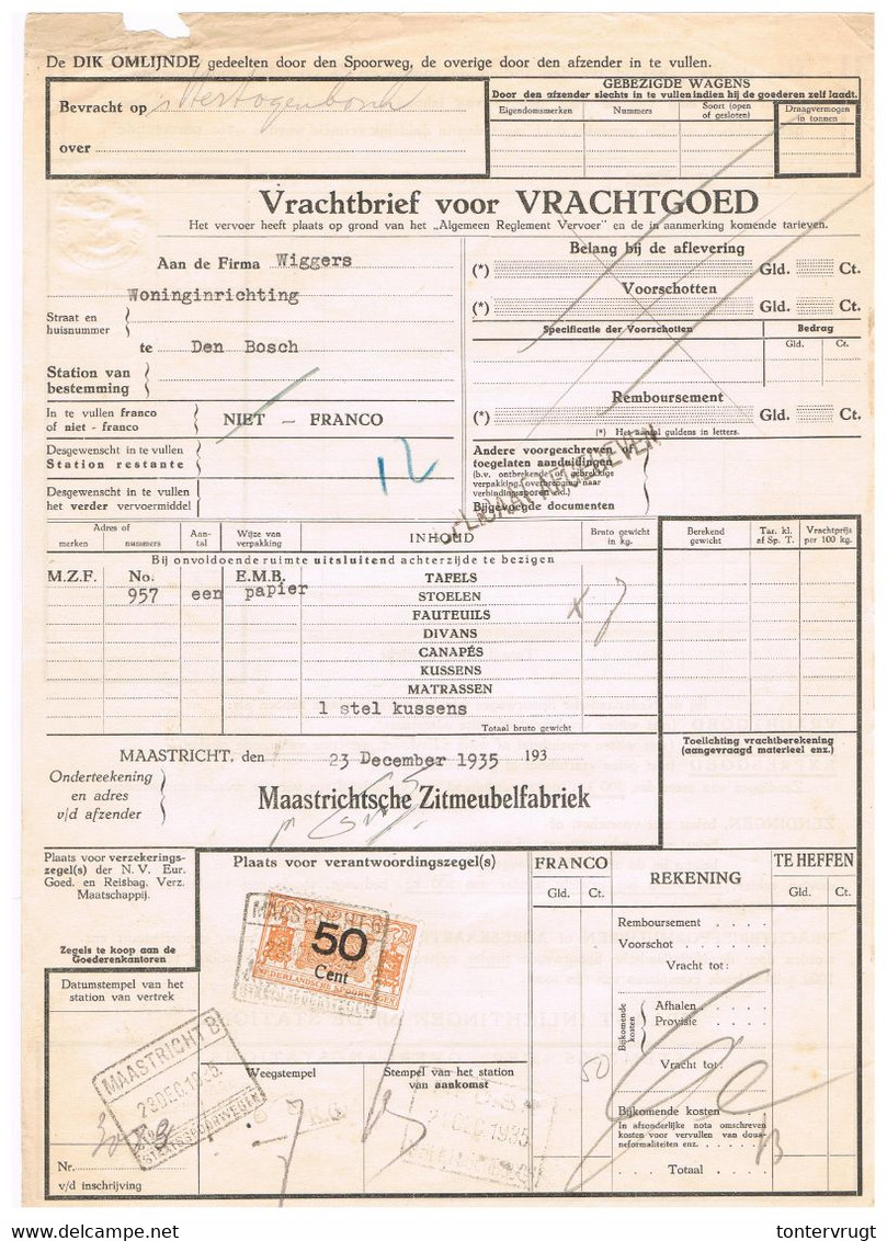 NS Spoorweg Vrachtbrief - Maastricht 1935 50 Cent Geel Spoorwegzegel > Droogzegel! - Railway