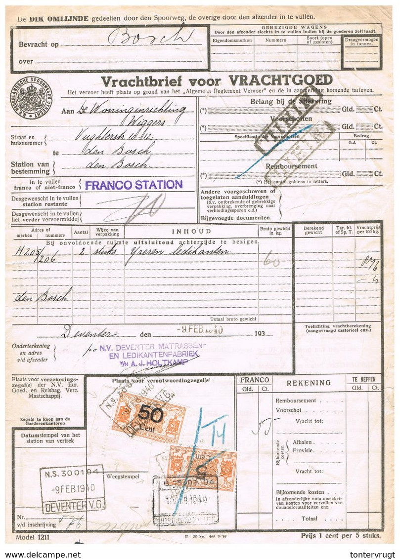 NS Spoorweg Vrachtbrief - Deventer 1940 50 Cent Geel + 5 Cent Geel Spoorwegzegel > Met Zegelranden! - Tren