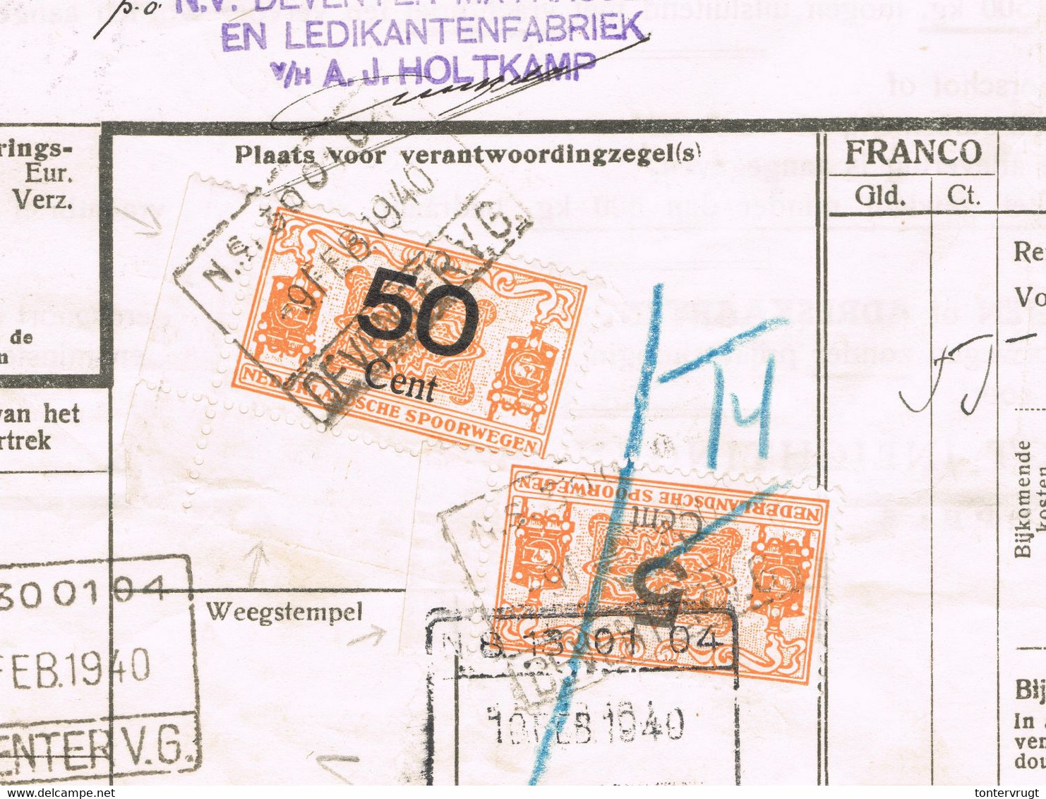 NS Spoorweg Vrachtbrief - Deventer 1940 50 Cent Geel + 5 Cent Geel Spoorwegzegel > Met Zegelranden! - Tren
