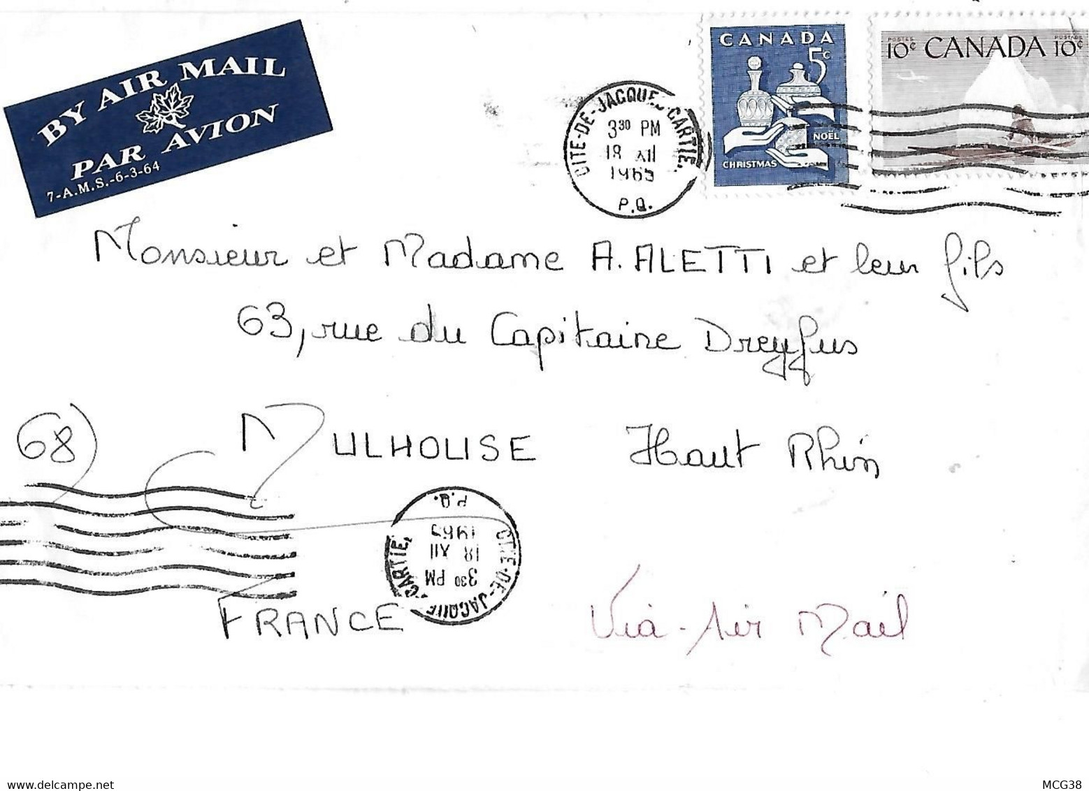 CANADA  -  ENVELOPPE  BY  AIR  MAIL  -  MONTREAL  ,  MULHOUSE  FRANCE  18  XII  1965 - Posta Aerea: Espressi