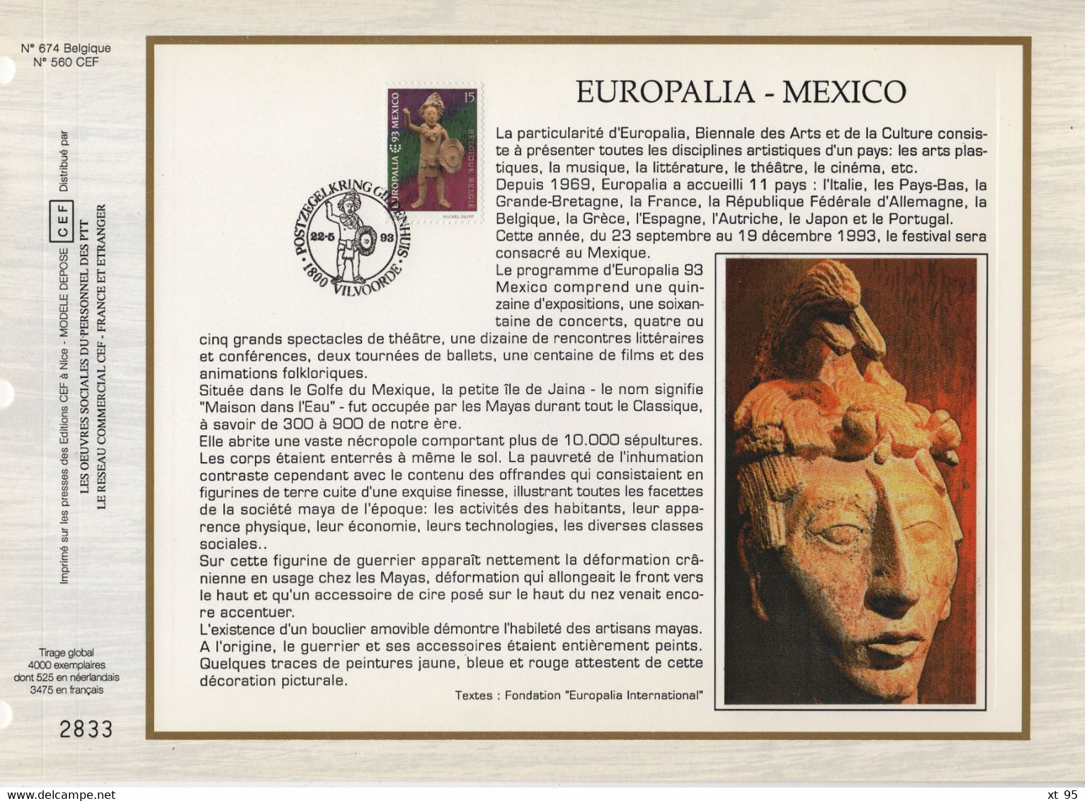 Belgique - CEF N°674 - Europaia Mexico - 1991-2000