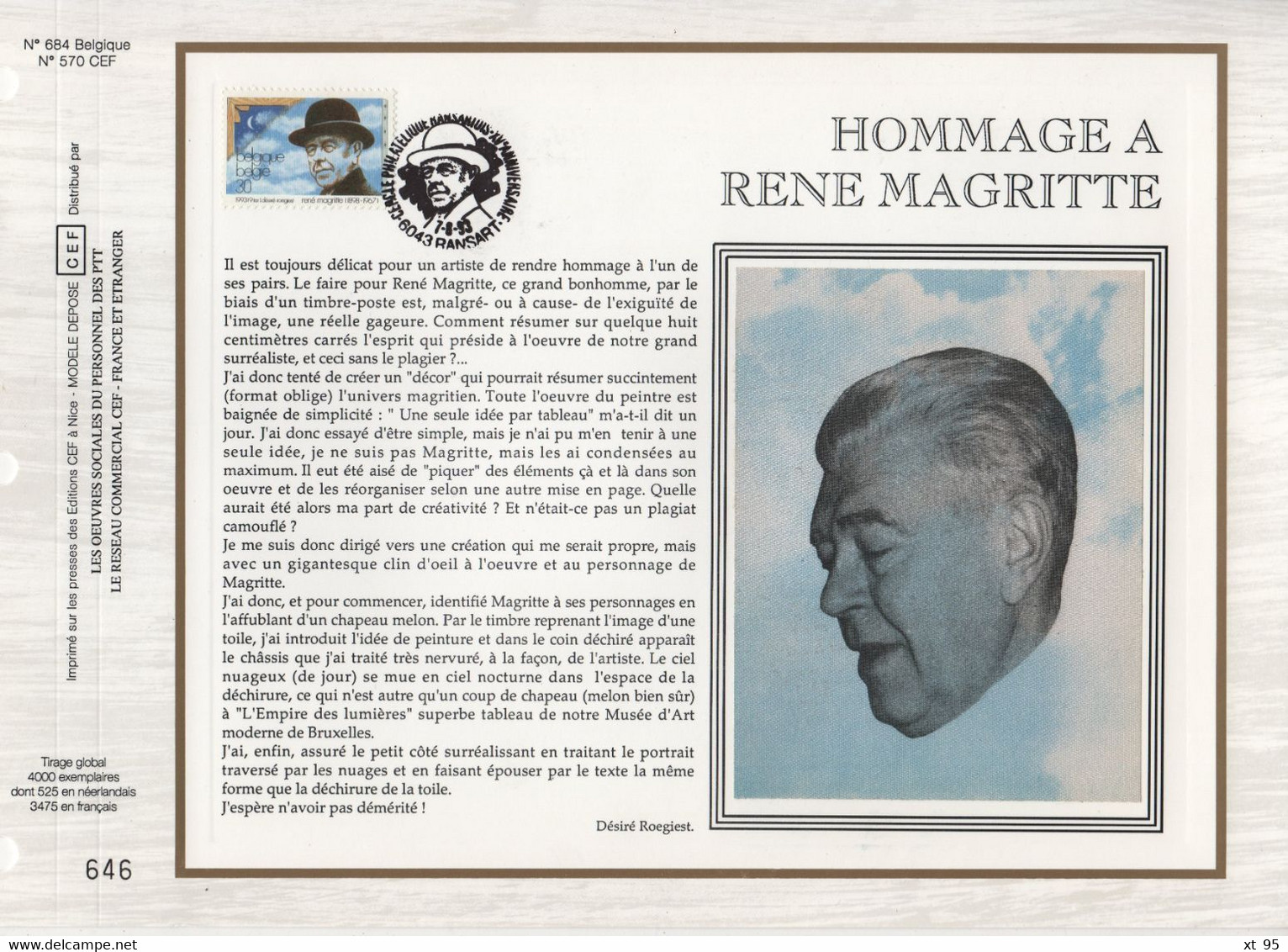 Belgique - CEF N°684 - Hommage A Rene Magritte - 1991-2000