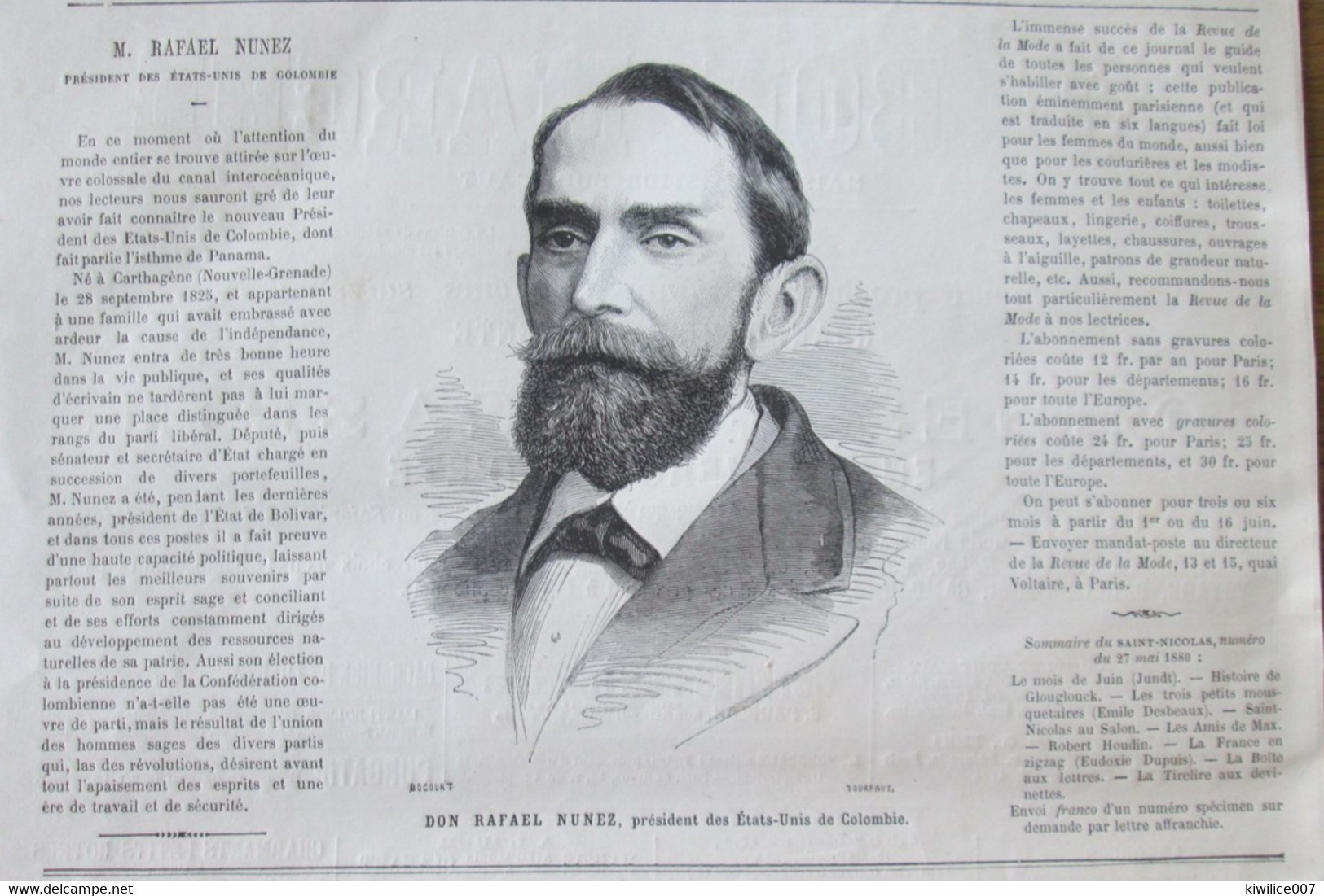 Gravure 1880 RAFAEL NUNEZ   Président - Colombie