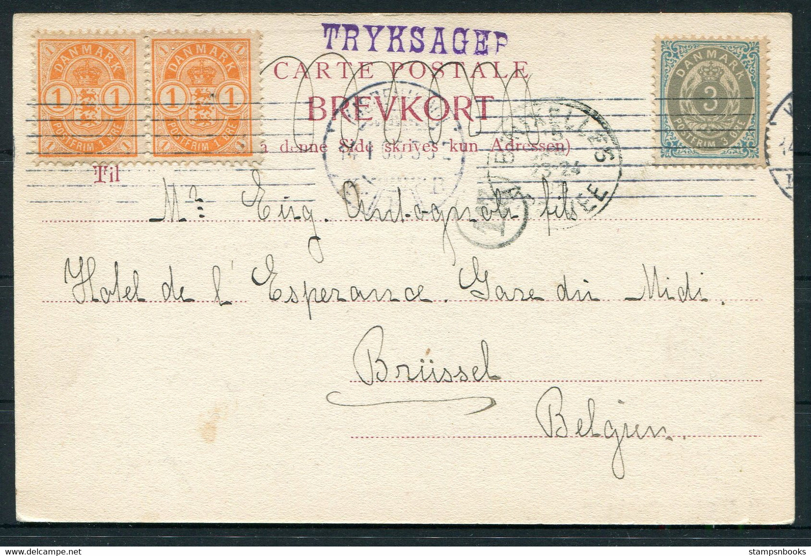 1905 Denmark Copenhagen Gammel Strand Postcard - Hotel Brussels Belgium. Mixed Bi-Colour, Coat Of Arms Franking - Briefe U. Dokumente