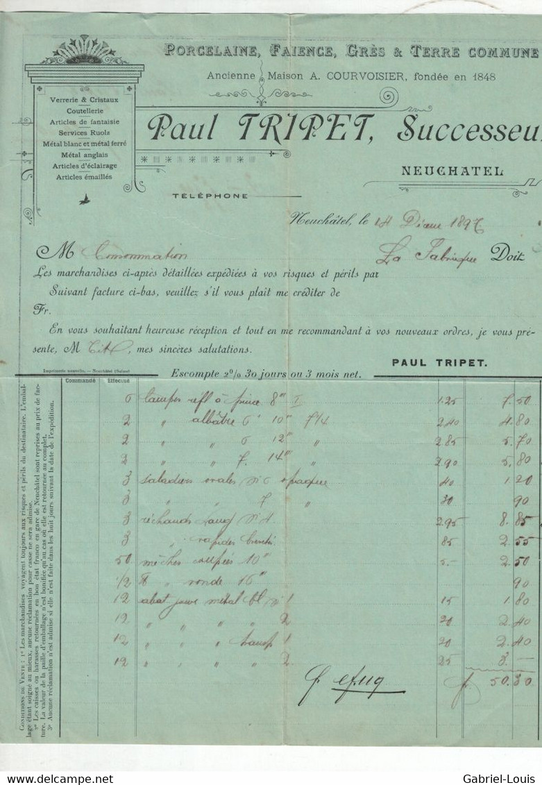 Facture  Paul Tripet Neuchâtel Porcelaine Faience Grès & Terre Commune 1897 - Maison à Courvoisier - - Schweiz