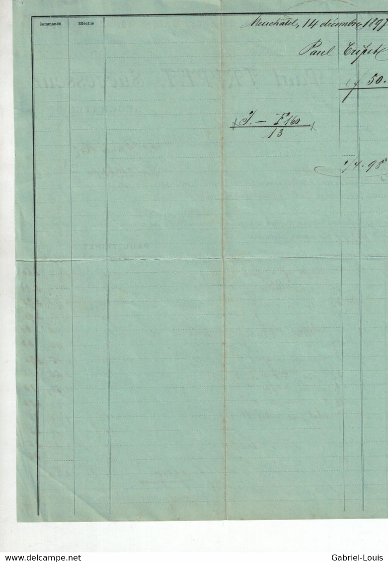 Facture  Paul Tripet Neuchâtel Porcelaine Faience Grès & Terre Commune 1897 - Maison à Courvoisier - - Switzerland