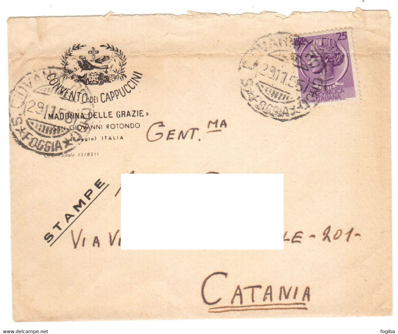 WQ254   Siracusana £.25 Isolato Su Stampe, CONVENTO Dei CAPPUCCINI Madonna Delle Grazie, S.Giovanni Rotondo - Padre Pio - 1946-60: Poststempel