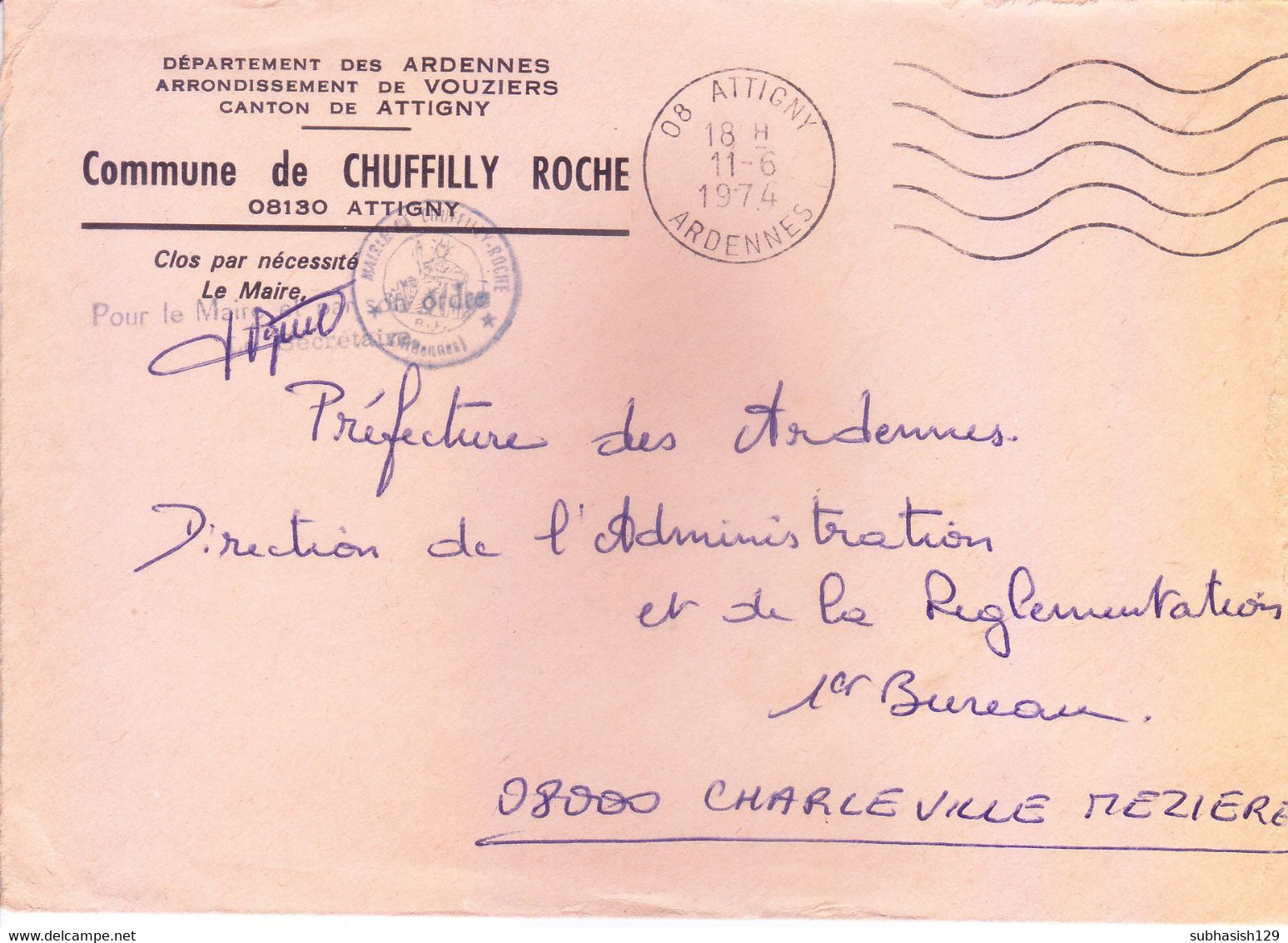FRANCE : OFFICIAL ENVELOPE : MAYOR OFFICE : COMMUNE DE CHUFFILLY ROCHE : USED IN 1974 - Lettres & Documents