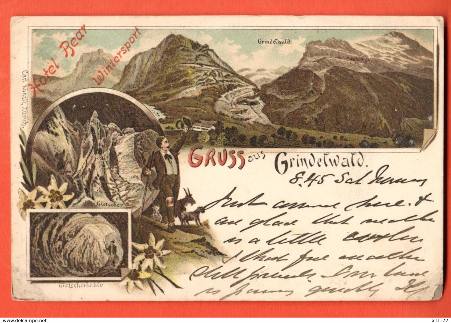 ZNC-09 SELTEN Gruss Aus Grindelwald. Litho Gelaufen Nach England, Marke Fehlt - Grindelwald