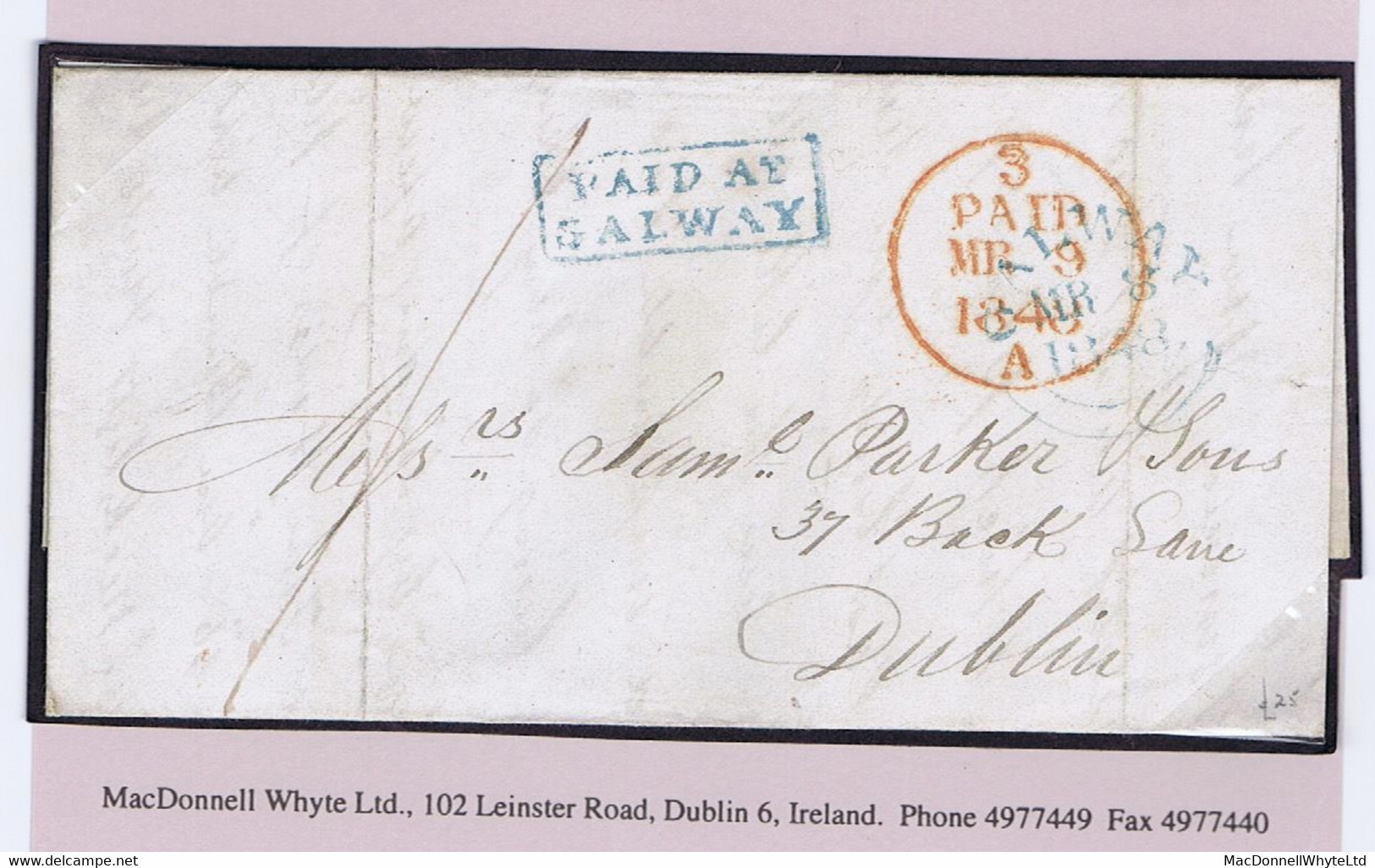 Ireland Galway 1848 Cover To Dublin Boxed 2-line PAID AT/GALWAY In Blue, Matching GALWAY MR 8 1848 Cds - Prephilately