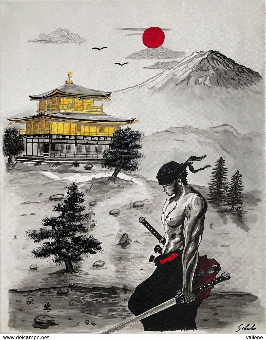 Tableau Peinture : Le Samouraï Zoro Roronoa Au Japon Avec Le Mont Fuji Et Le Kinkaku Ji ( Thème Manga) - Acryliques