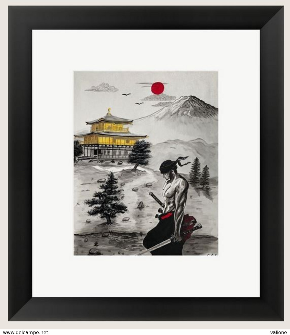 Tableau Peinture : Le Samouraï Zoro Roronoa Au Japon Avec Le Mont Fuji Et Le Kinkaku Ji ( Thème Manga) - Acryliques