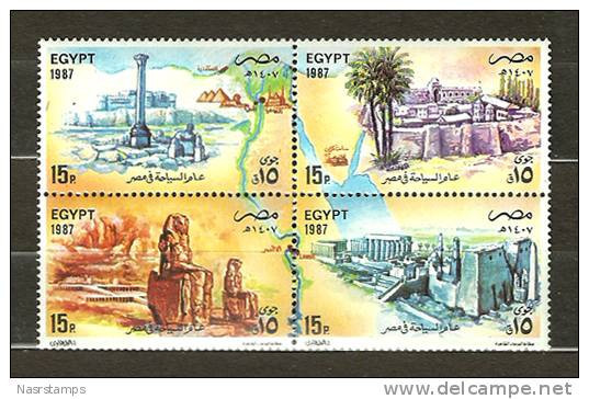 Egypt - 1987 - ( Tourism Year - Sphinx, Alexandria, St. Catherine’s Monastery, Sinai & Luxor ) - Block Of 4 - MNH (**) - Egiptología