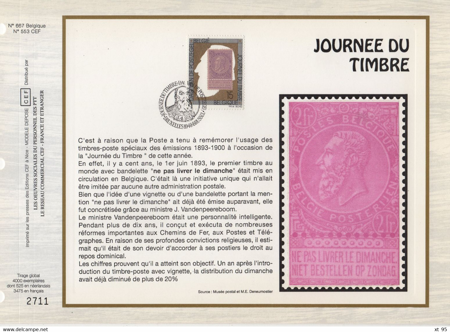 Belgique - CEF N°667 - Journee Du Timbre - 1991-2000