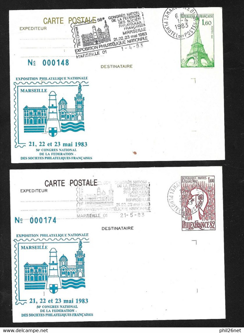 Entiers N° 2216-CP1 Et 429-CP1 Répiqués Expo Et Salon Philatélique Marseille Mai 1983 Flamme Congrès ...B:/ TB - Cartes Postales Repiquages (avant 1995)