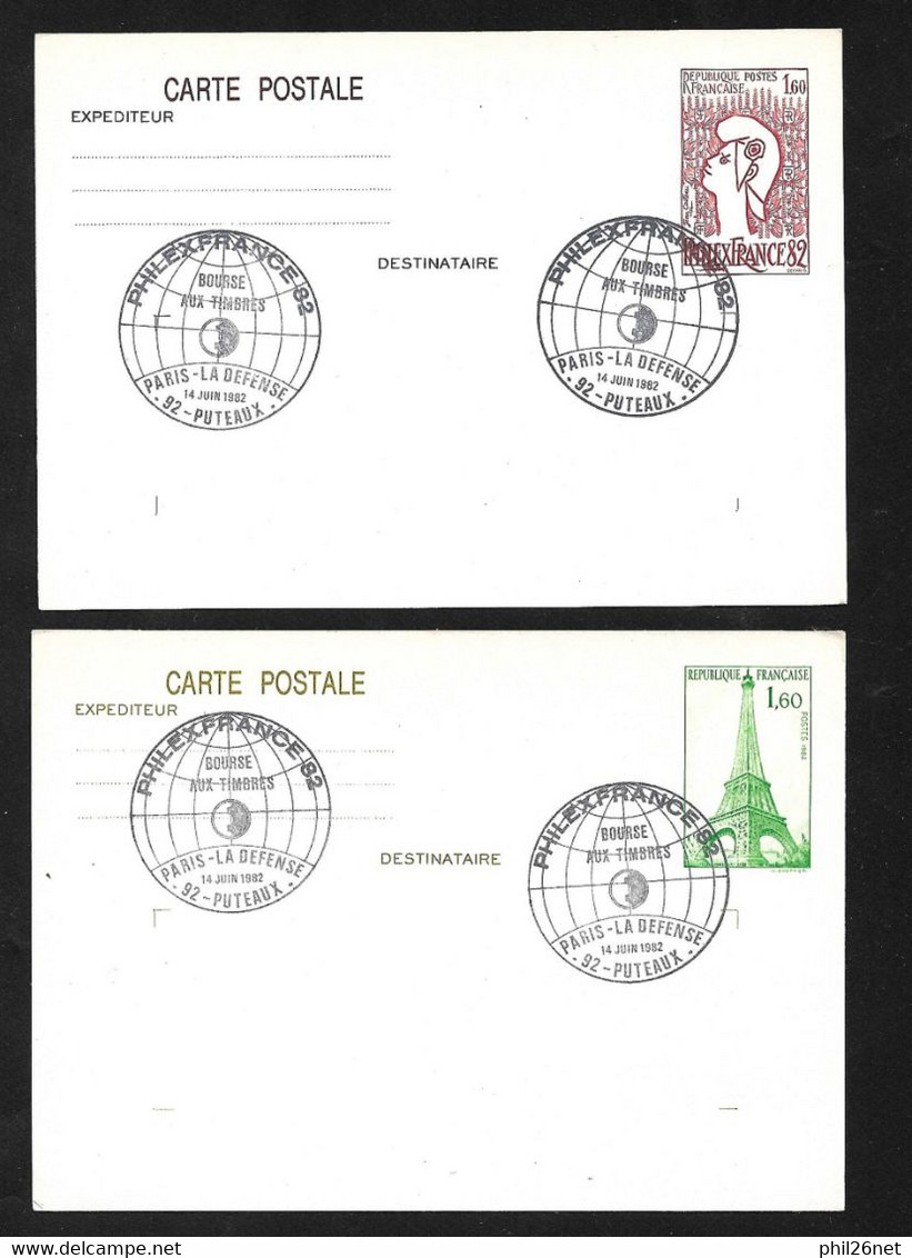 France FDC Entiers N°2216- CP1 Et N°429-CP1 Premier Jour Philexfrance 14/06/1982 Cachets Illustrés Bourse Aux Timbres TB - Standard Postcards & Stamped On Demand (before 1995)