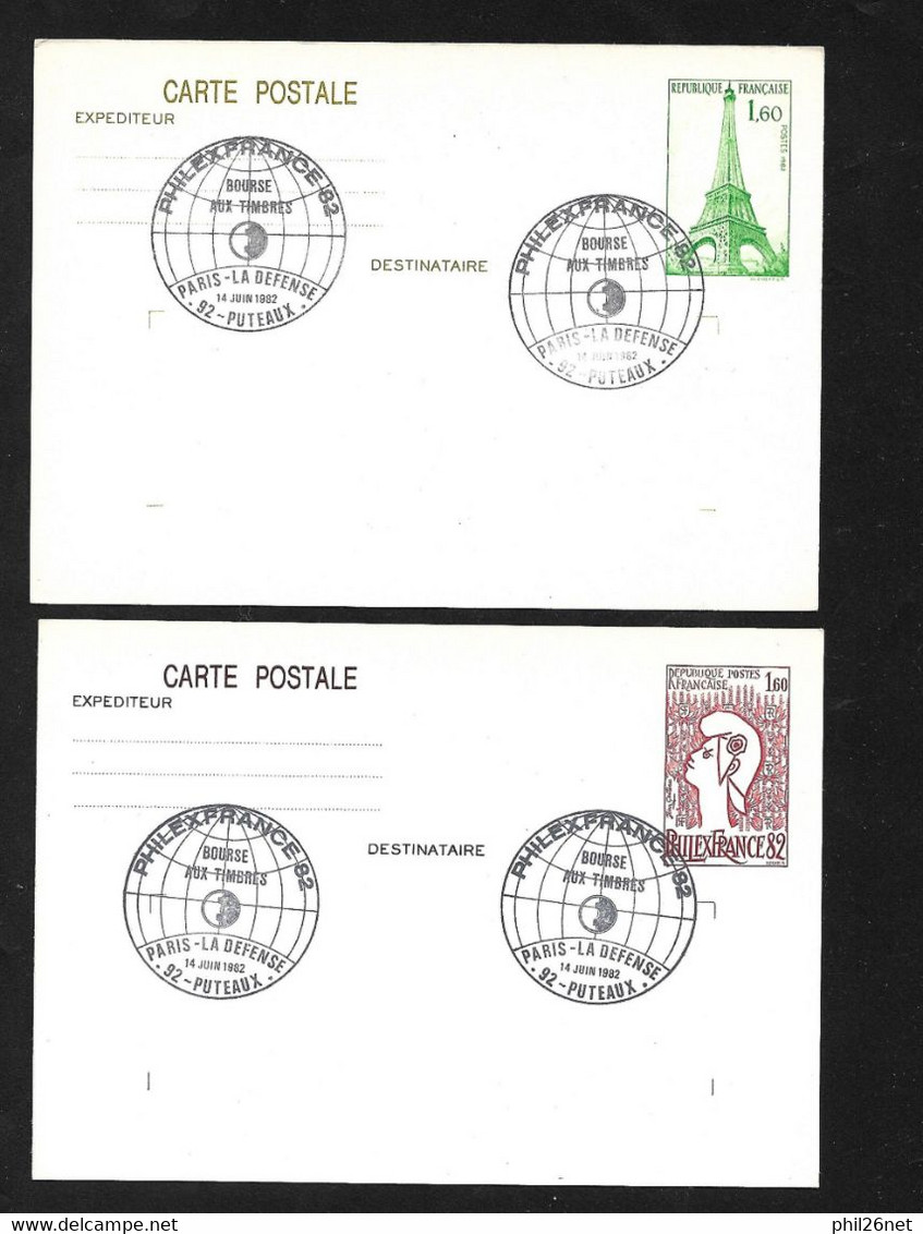 France FDC Entiers N°2216- CP1 Et N°429-CP1 Premier Jour Philexfrance 14/06/1982 Cachets Illustrés Bourse Aux Timbres TB - Standard Postcards & Stamped On Demand (before 1995)