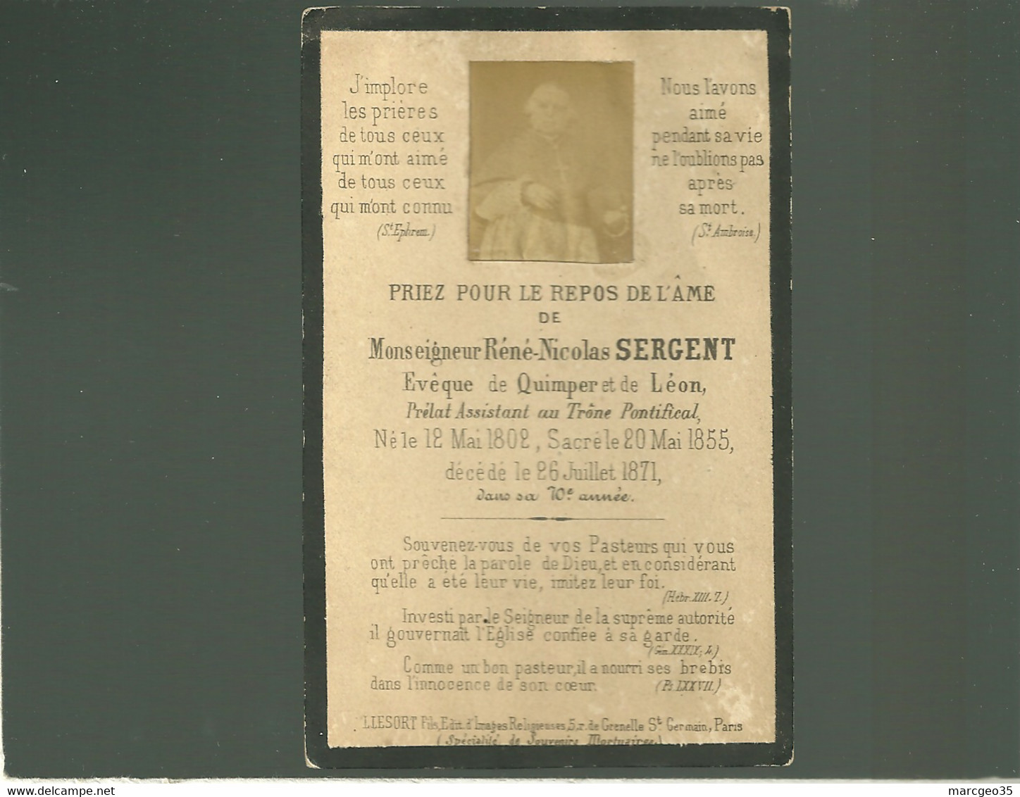 29 Mgr René Nicolas Sergent évêque De Quimper Et De Léon Né En 1802 Faire Part De Décès En 1871 Avec Photo - Quimper