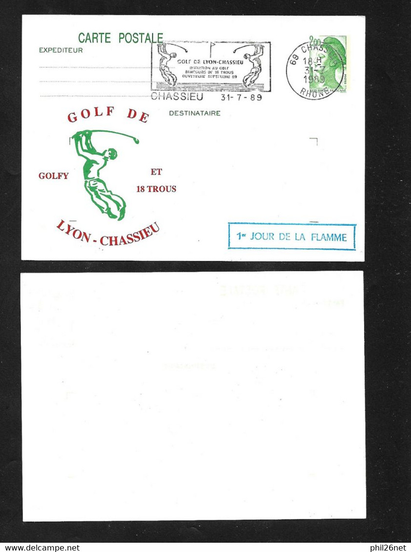 FDC Entier 2484-CP1 Repiqué Illustré Golf De Chassieu + Premier Jour De La Flamme Illustré Golf Le 31/07/1989    TB !!! - Golf