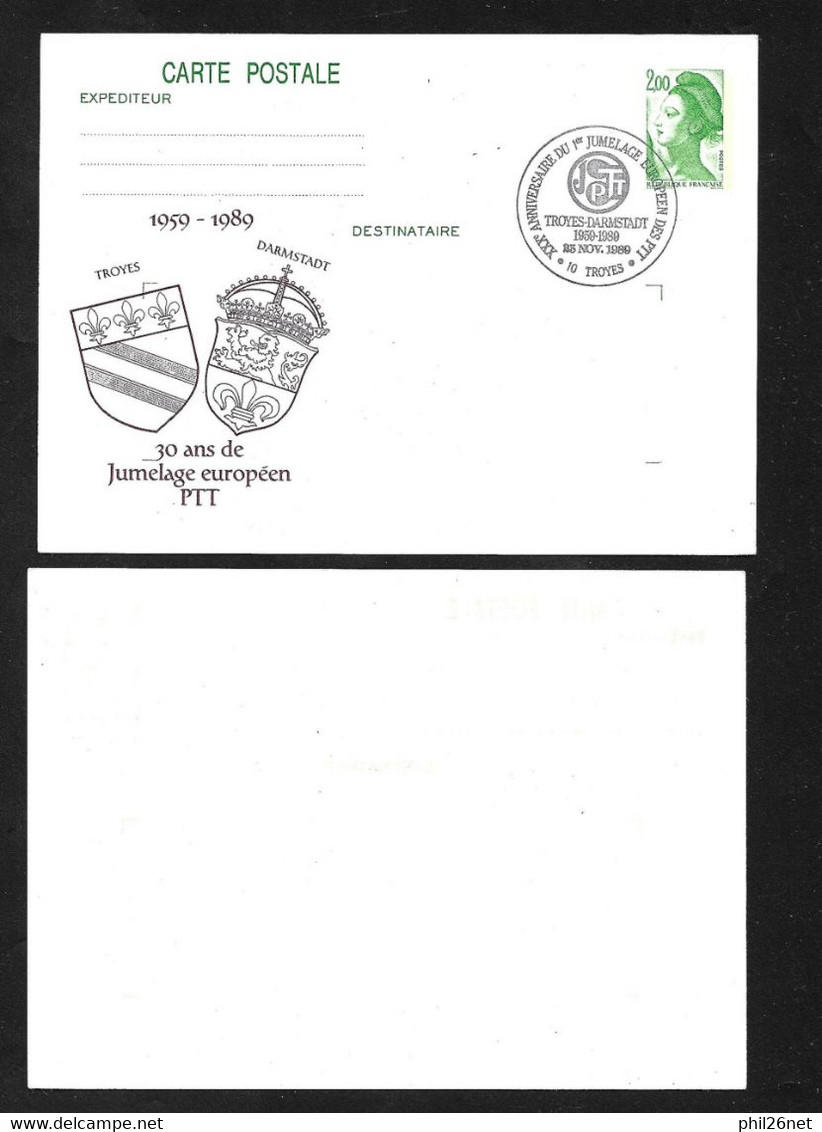 Fr. Entier 2484-CP1 Repiqué 30 Ans Jumelage Européen PTT  + Cachet Illustré Troyes & Darmstatt Le 25/11/1989 B/TB  - Cartes Postales Repiquages (avant 1995)