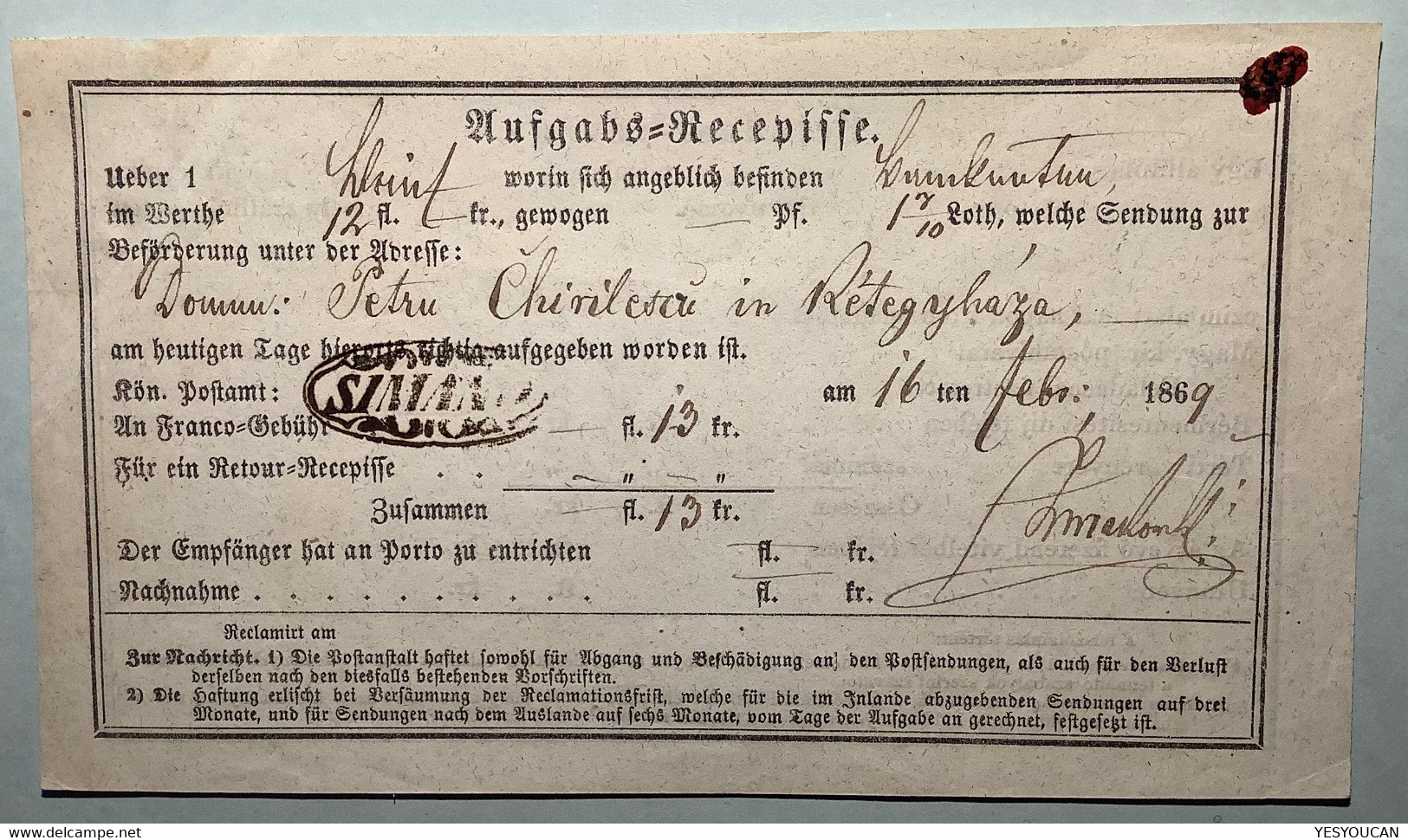 SIMAND RR ! Stempel Auf 1869 Postschein (ROMANIA Österreich Ungarn Brief Hungary Rumänien Lettre Cover - Brieven En Documenten