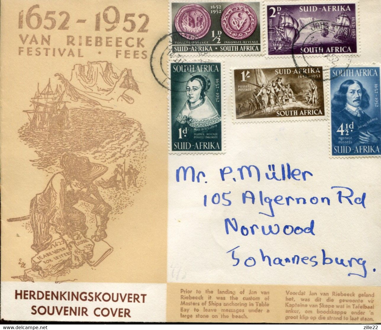 South Africa Südafrika Mi# 224-8 Used On Letter Or FDC -  Jan Anthoniszoon Riebeeck - Settlers From Netherlands - FDC