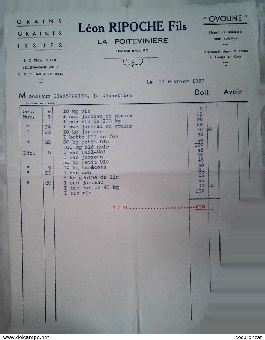 H 2 Facture/document Entete  Graines/ Ou Fourrages/ Ou Pommes/ Ou Engrais/alimentation Volaille à La Poiteviniere - Agricultura