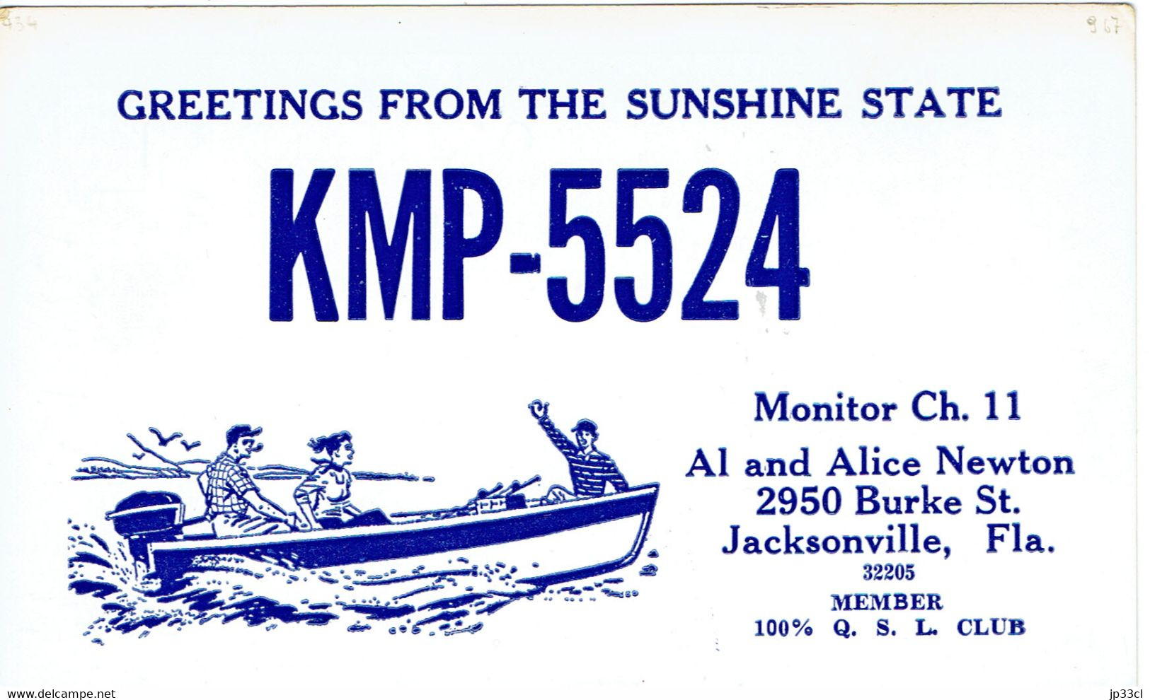 Outboard Boat On Old Card From Al & Alice Newton, Burke St., Jacksonville, Florida, (KMP 5524) (Sep 1967) - CB-Funk