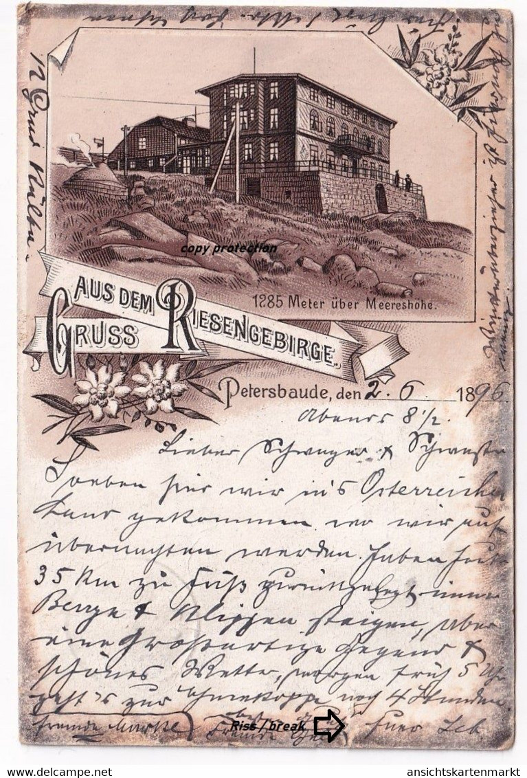 Petersbaude, Riesengebirge, Peterbaude, Alte Ansichtskarte 1896, Spindelmühle, RISS - Polonia