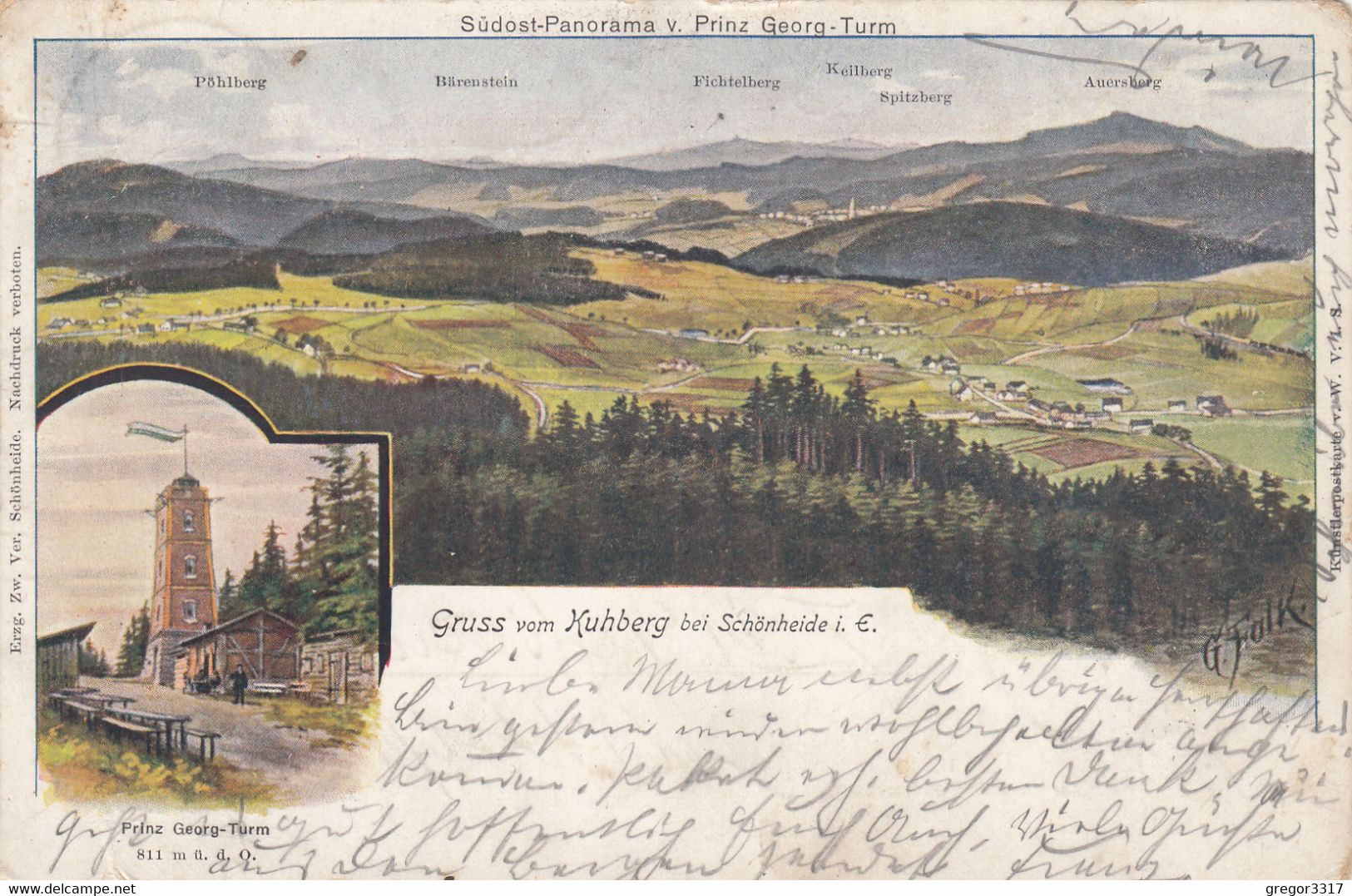 3468) GRUSS Vom KUHBERG Bei SCHÖNHEIDE I. E. - Signierte LITHO - G. FALK - Prinz Georg Turm - Usw. 17.07.1903 - Schoenheide