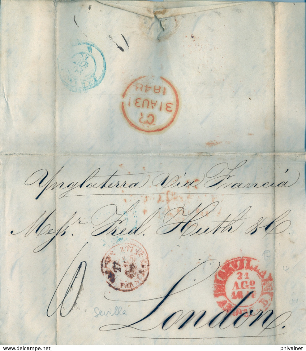 1848 SEVILLA - LONDRES , CARTA COMPLETA CIRCULADA VIA FRANCIA , TRÁNSITOS , LLEGADA - ...-1850 Préphilatélie