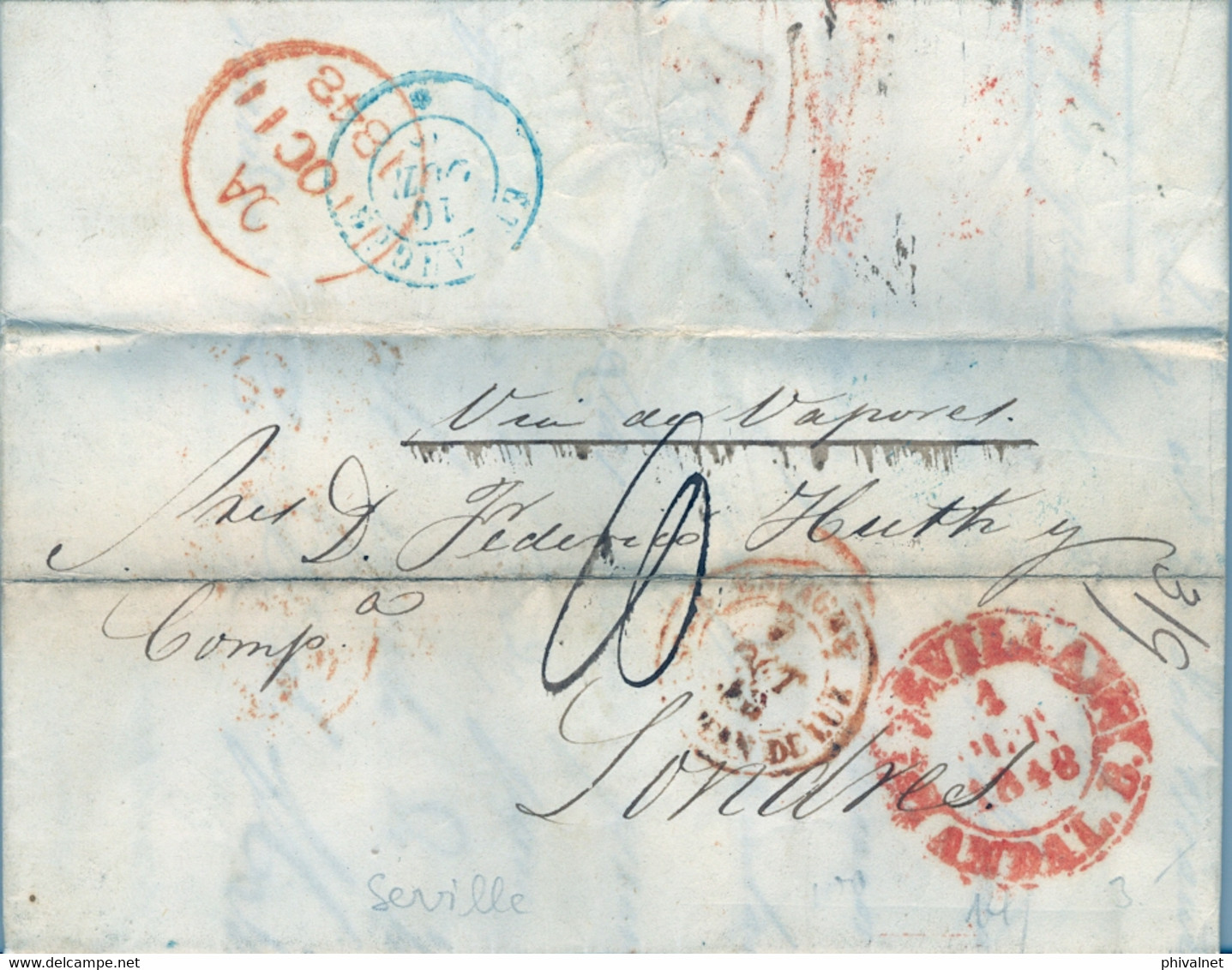 1848 SEVILLA - LONDRES , CARTA COMPLETA CIRCULADA , TRÁNSITOS , LLEGADA , CIRCULADA POR " VIA DE VAPORES " - ...-1850 Voorfilatelie