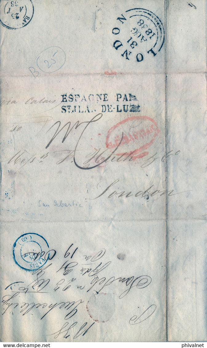 1838 SAN SEBASTIAN - LONDRES , CARTA COMPLETA CIRCULADA , MARCA  " ESPAGNE PAR ST. JEAN DE LUZ " , TRÁNSITOS ,LLEGADA - ...-1850 Prefilatelia