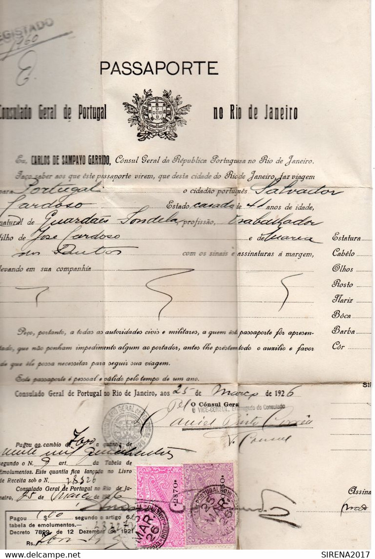 PASSAPORTO 1926 - CONSULADO GERAL DE PORTUGAL NO RIO DE JANEIRO - Zonder Classificatie