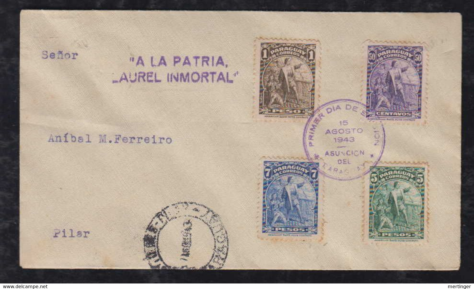 Paraguay 1943 FDC Cover ACUNSION To PILAR Mi# 544-47 Columbus Propaganda Cancel - Paraguay