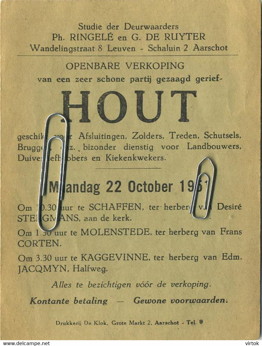 Aarschot :  Openbare Verkoping Van  HOUT  1951   ( Schaffen - Molenstede - Kaggevinne ) 14 X 10.5 Cm - Other & Unclassified