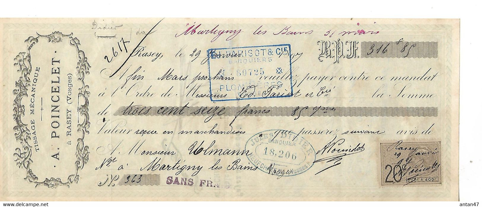 Traite 1897 / 88 RASEY Vers XERTIGNY /  A POINCELET Tissage Mécanique / Timbre Fiscal - Bills Of Exchange