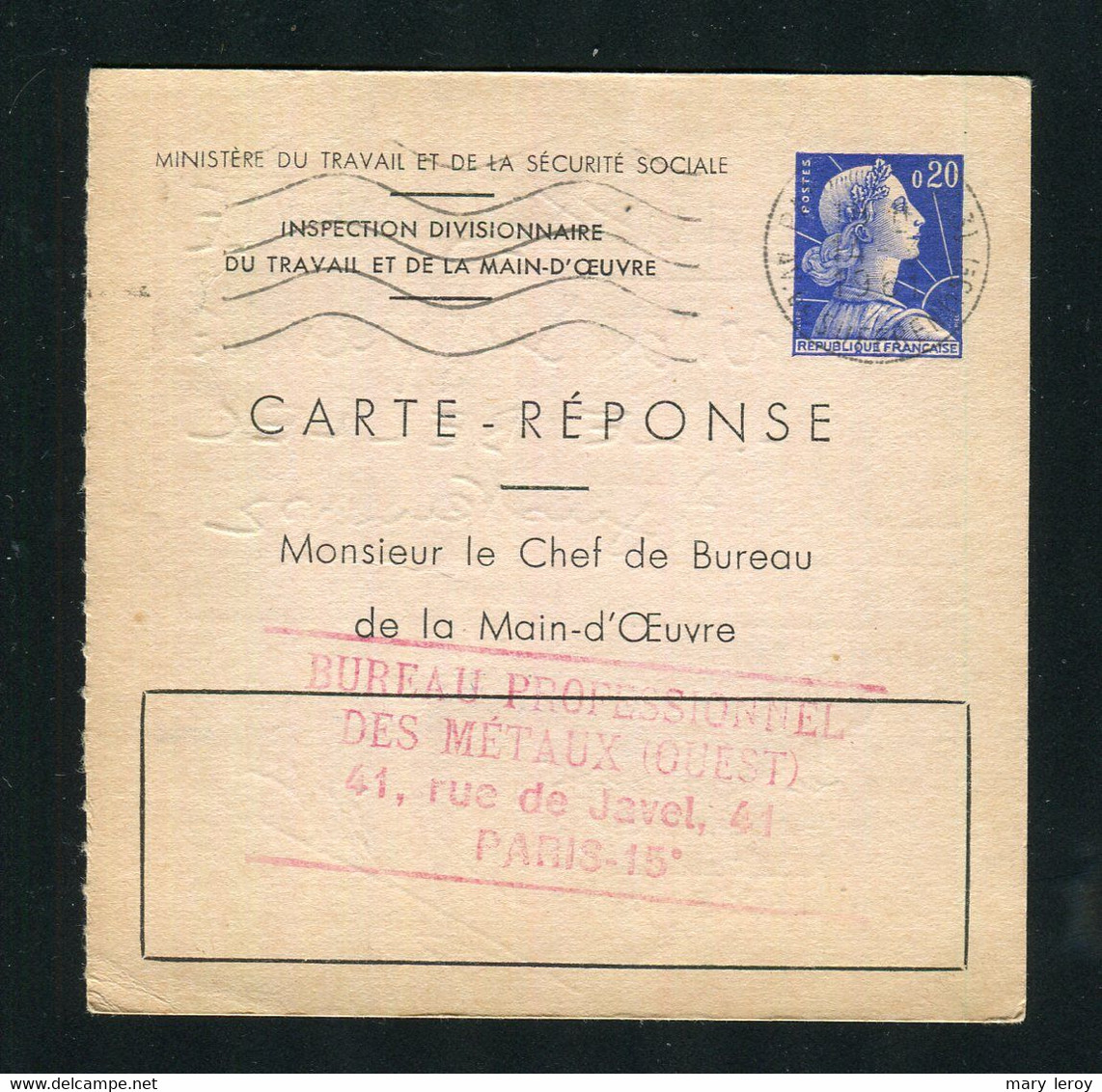 Entier Carte Réponse Marianne Muller 20 Centimes Bleu Storch E1 - Reply Coupons