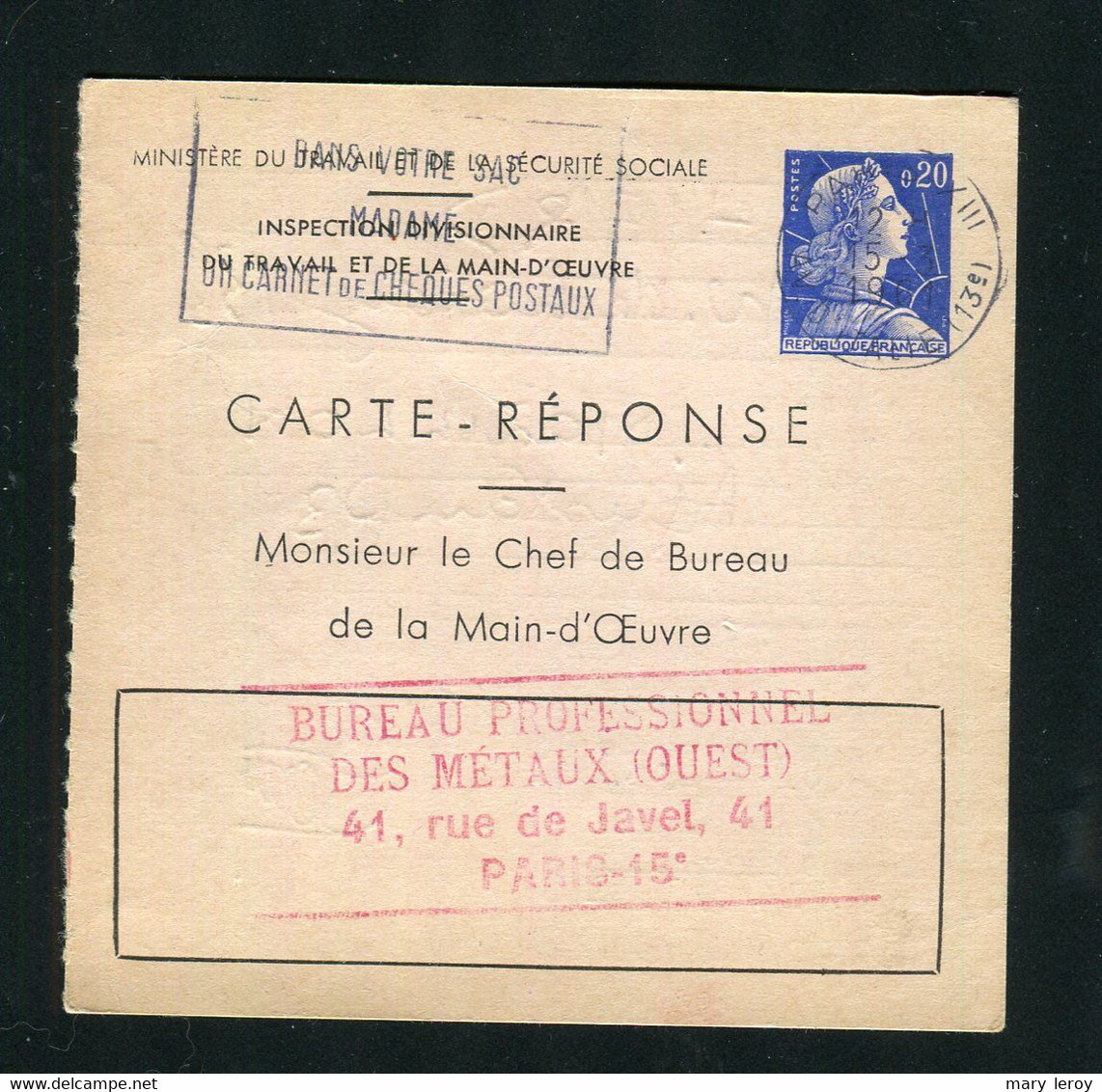 Entier Carte Réponse Marianne Muller 20 Centimes Bleu Storch E1 - Antwoordbons