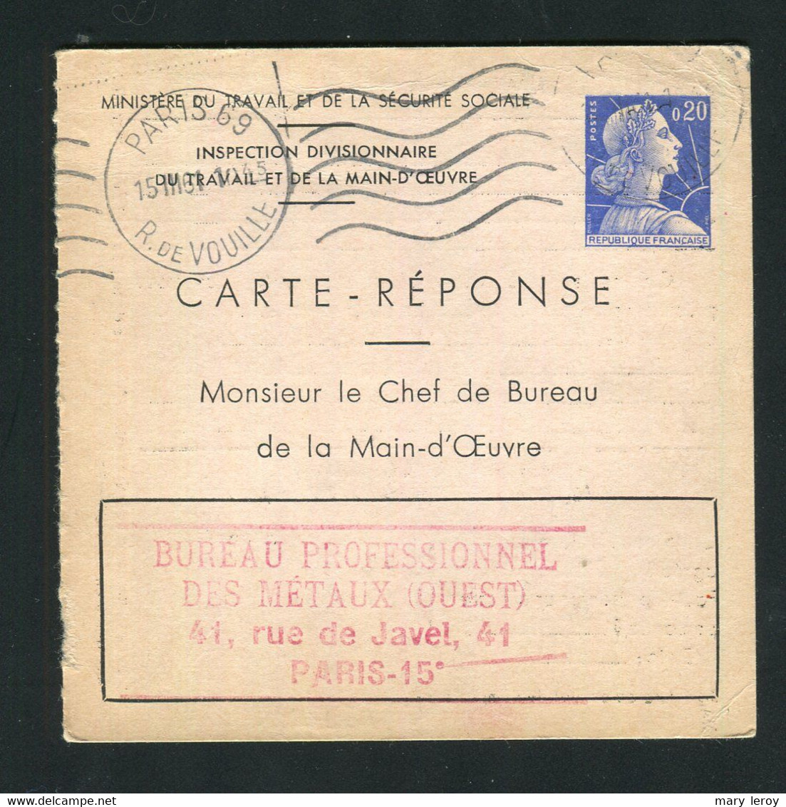 Entier Carte Réponse Marianne Muller 20 Centimes Bleu Storch E1 - Buoni Risposte