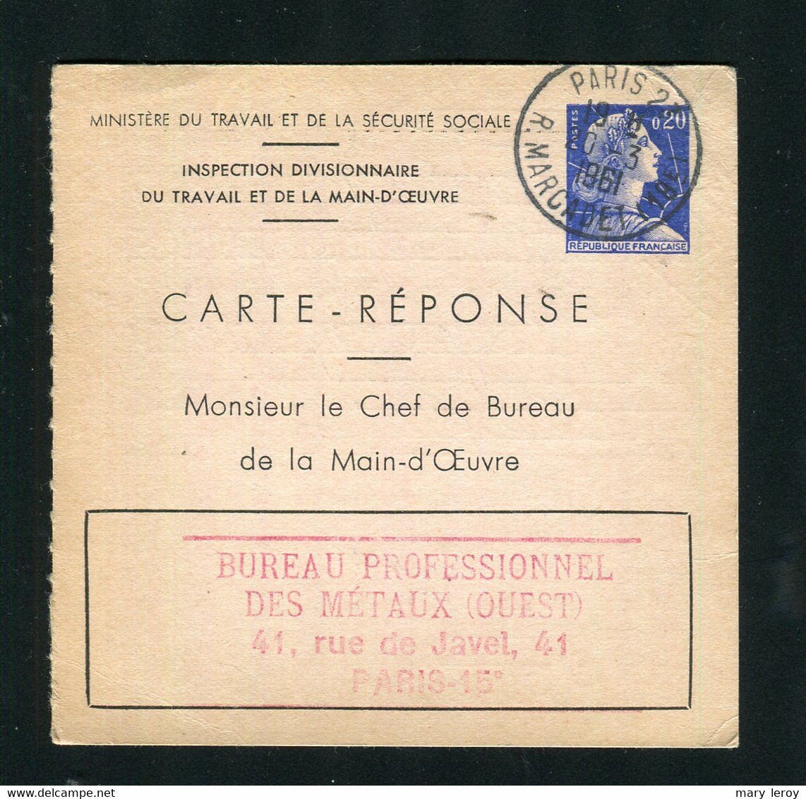 Entier Carte Réponse Marianne Muller 20 Centimes Bleu Storch E1 - Reply Coupons