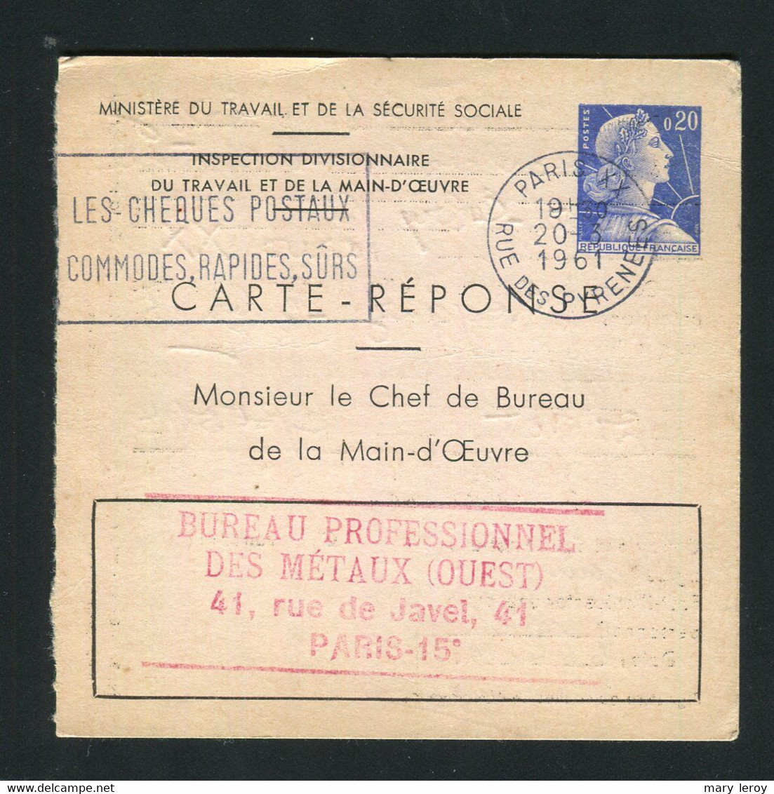 Entier Carte Réponse Marianne Muller 20 Centimes Bleu Storch E1 - Cupón-respuesta