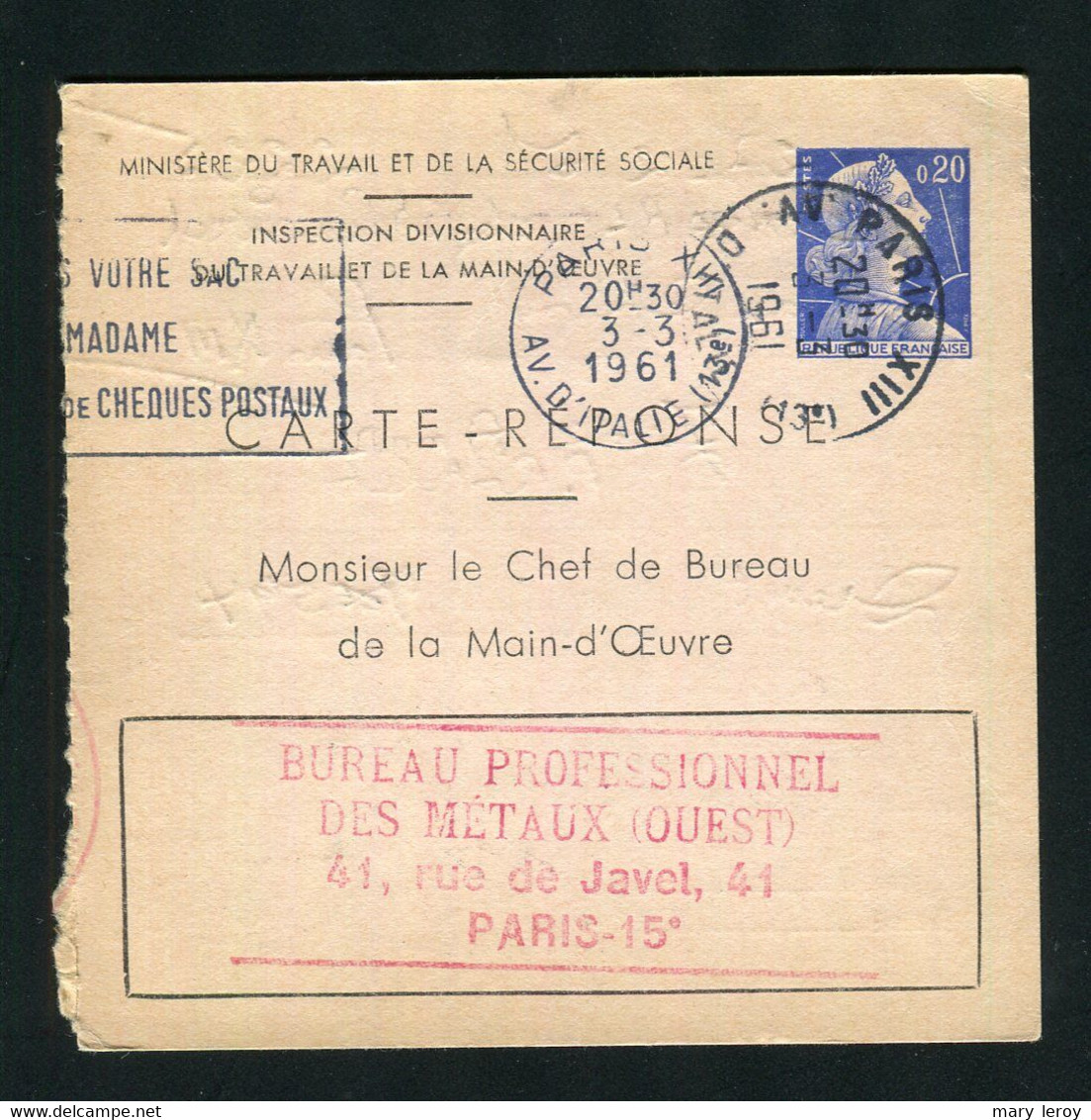 Entier Carte Réponse Marianne Muller 20 Centimes Bleu Storch E1 - Cupón-respuesta