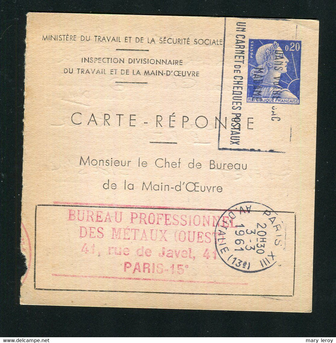 Entier Carte Réponse Marianne Muller 20 Centimes Bleu Storch E1 - Antwoordbons