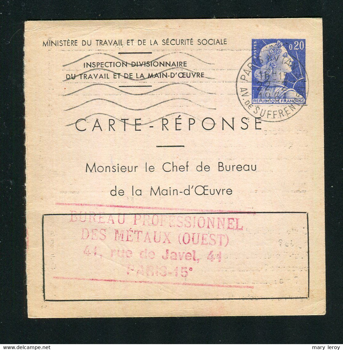 Entier Carte Réponse Marianne Muller 20 Centimes Bleu Storch E1 - Cupón-respuesta