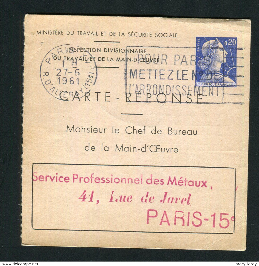 Entier Carte Réponse Marianne Muller 20 Centimes Bleu Storch E1 - Buoni Risposte