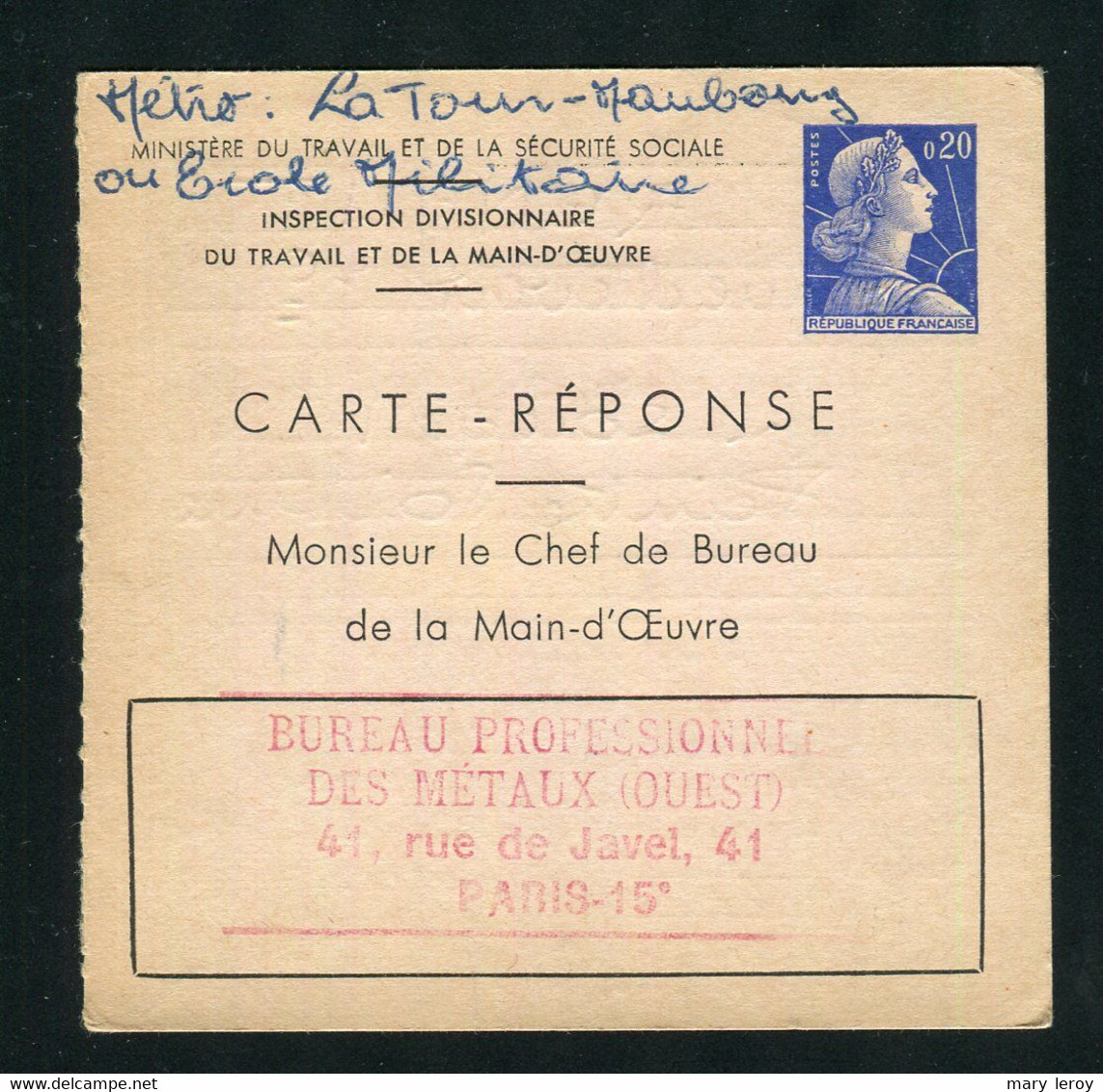 Entier Carte Réponse Marianne Muller 20 Centimes Bleu Storch E1 - Antwortscheine