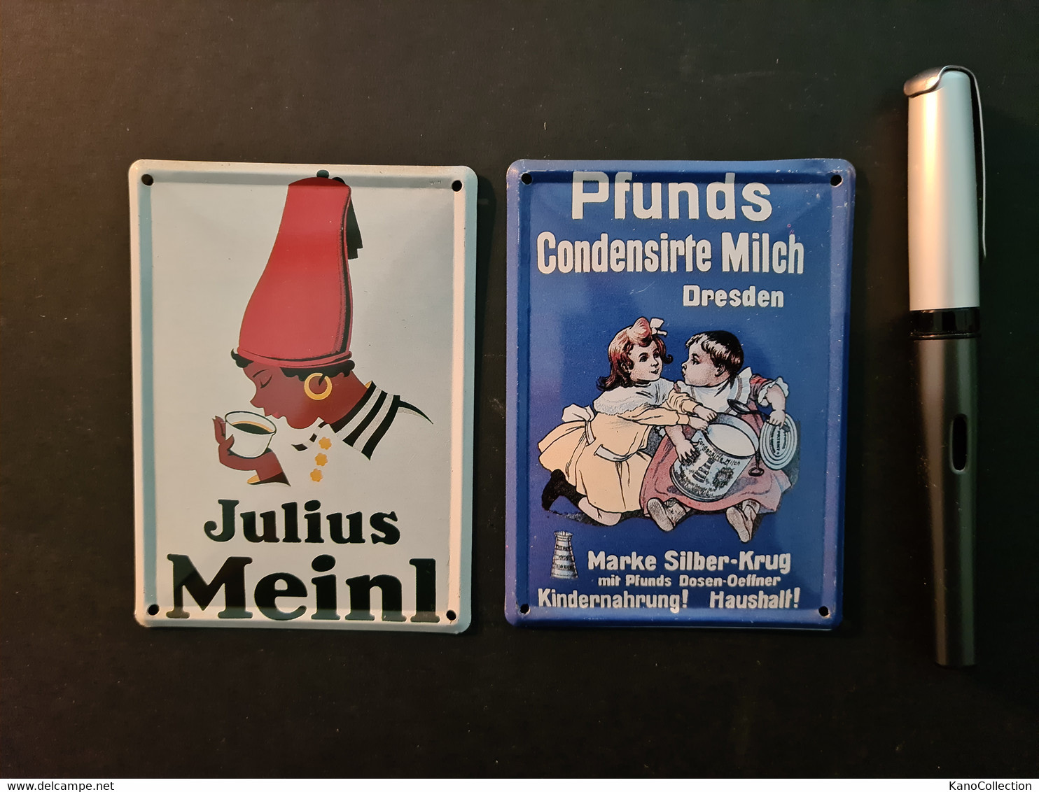 2 Mini-Blechreklameschilder Julius Meinl Und Pfund's Condensierte Milch  (neu) - Plaques En Tôle (après 1960)