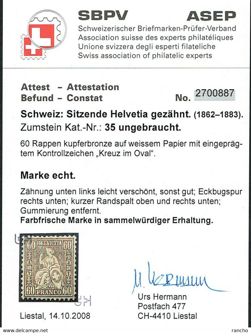 * TIMBRE DE COLLECTION NEUF SANS GOMME 1863 ATTESTATION C/.S.B.K. Nr:35. Y&TELLIER Nr:40. MICHEL Nr:27. * - Ungebraucht